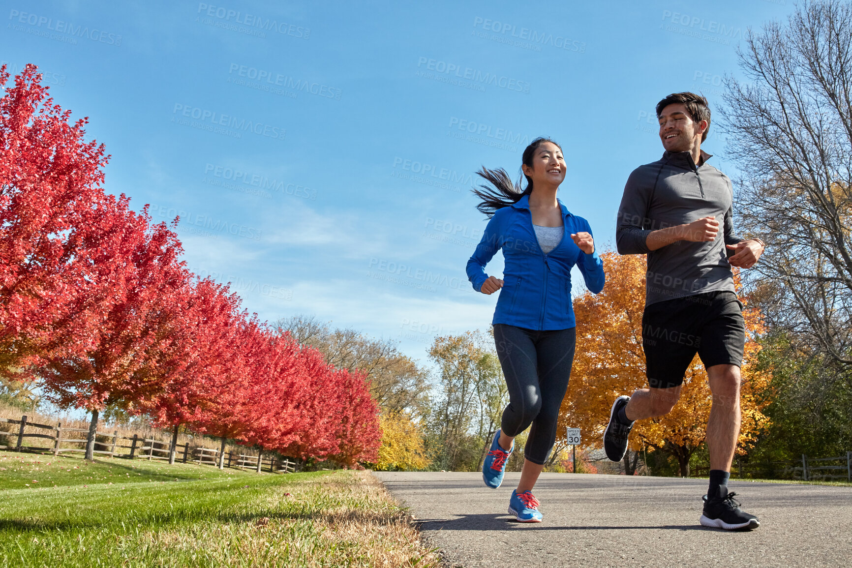 Buy stock photo Couple, running and fitness with hobby, training and cardio with challenge, wellness and time together. Healthy people, outdoor and man with woman, runner or speed with energy, endurance or support