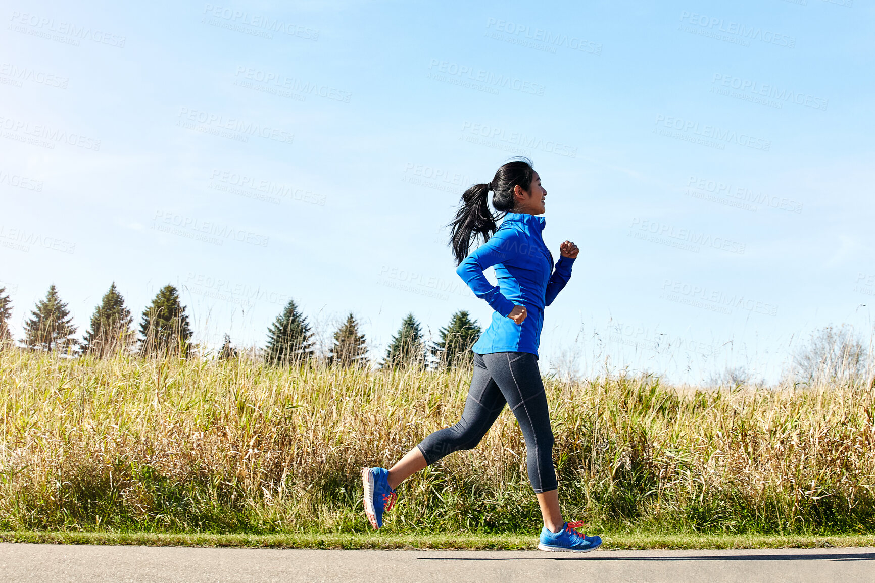 Buy stock photo Woman, running and fitness with exercise in nature for cardio workout or outdoor training in countryside. Active female person, young athlete or runner for race, jog or health and wellness on road