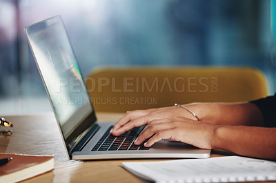 Buy stock photo Business woman, hands and typing on laptop for productivity, planning schedule and admin in office. Attorney lady, fingers and computer for web research with legal case, info and advice at law firm