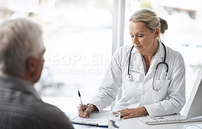 Buy stock photo Writing, doctor and senior patient in medical consultation for assessment, history and exam with healthcare diagnosis. Medicine professional or woman with checklist, document or helping for advice