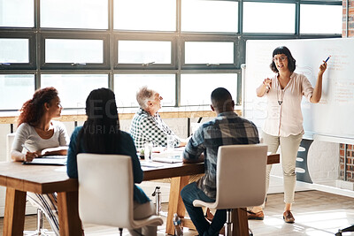 Buy stock photo Leadership, teamwork and woman at creative presentation for project management, planning and workshop ideas. Whiteboard, meeting room and business people in office for growth, development or proposal