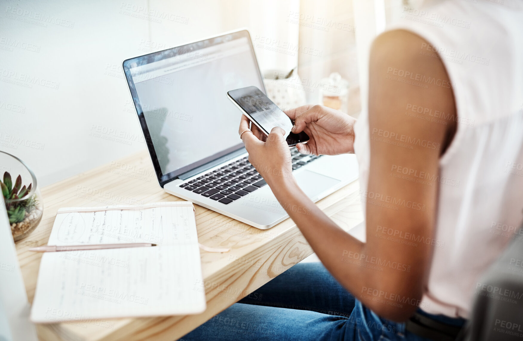 Buy stock photo Office, phone and laptop in small business with fashion dropshipping, ecommerce logistics or planning. Online shopping, app and supply chain in sales, delivery or communication with client and seller