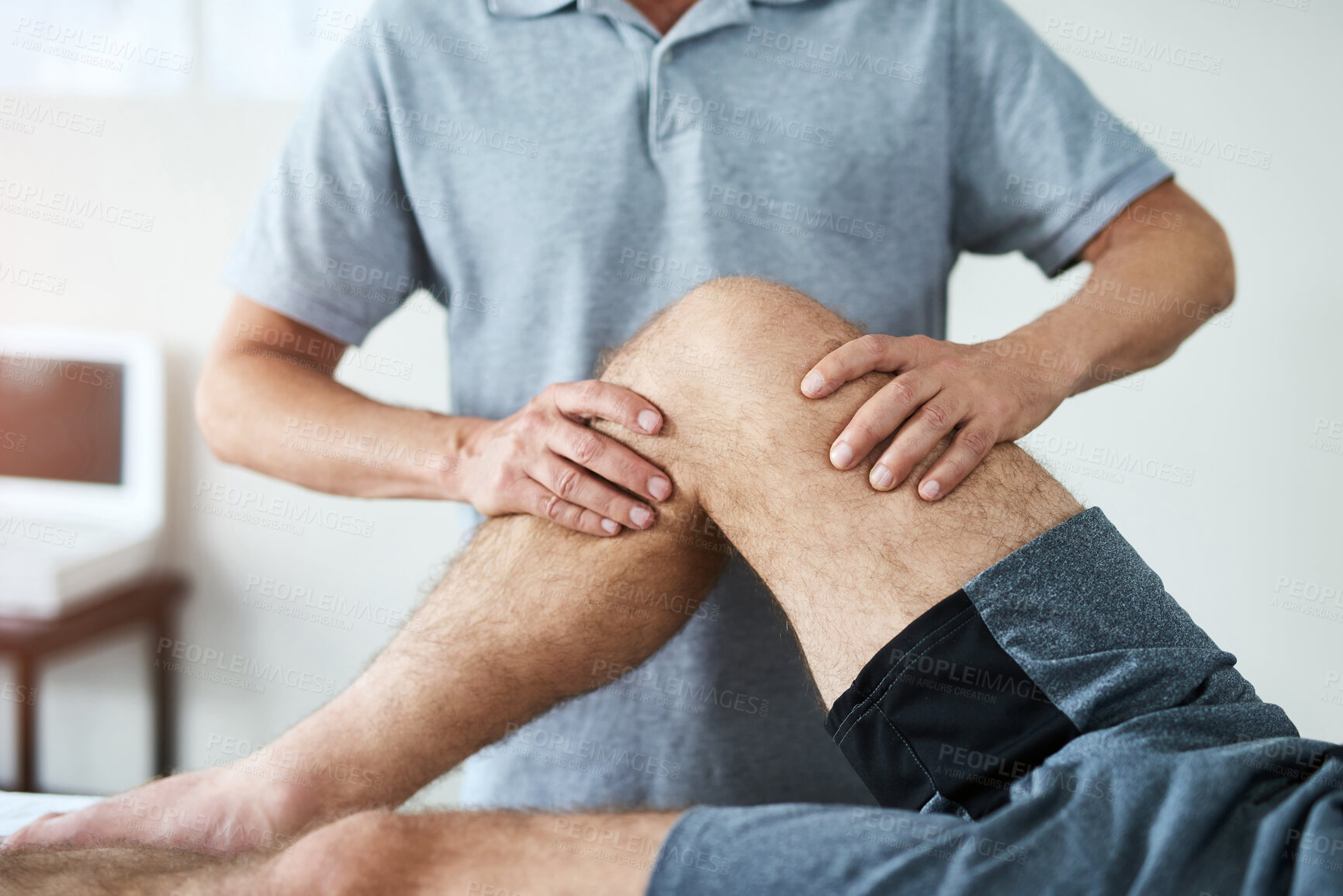 Buy stock photo Healthcare, leg and physical therapist with man patient in clinic for healing, rehabilitation or treatment. Physiotherapy, stretch and medical worker with athlete for knee injury or accident recovery