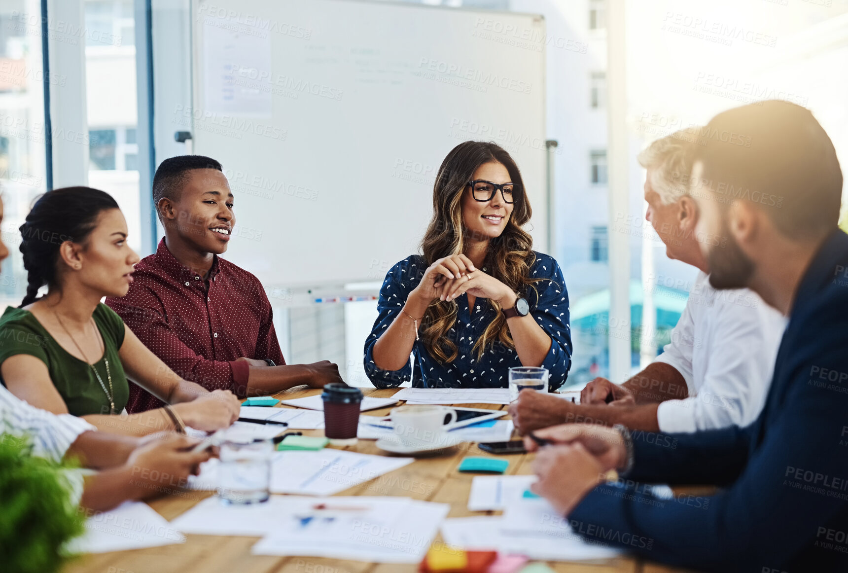 Buy stock photo Collaboration, discussion and meeting with group of business people in office together for training workshop. Boardroom, coaching and seminar with employee team in workplace for upskill development