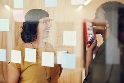 Buy stock photo Women, partner and notes on glass at startup for brainstorming, ideas and planning in office. Employees, people and teamwork with moodboard for thinking, mindmap and discussion at creative agency