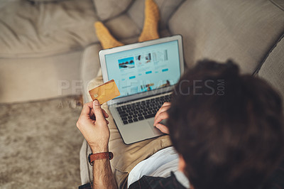 Buy stock photo Man, credit card and laptop with screen, home and payment for vacation, transaction and ecommerce. Person, apartment and guy with computer, economy and online banking for service, product or shopping