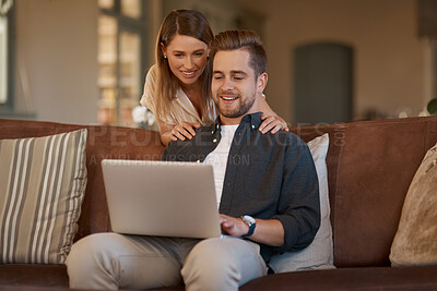 Buy stock photo Relax, laptop and web with a couple on the living room sofa of their home together. Computer, social media or internet with a man and woman online to search while relaxing and bonding in a house