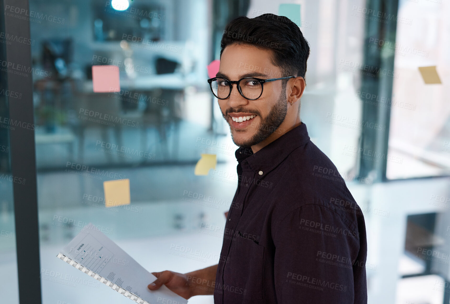 Buy stock photo Portrait, businessman and paperwork in office with sticky notes for mind map, brainstorming or planning. Confident, male person or creative director headhunting on transparent wall for casting agency