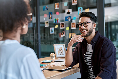 Buy stock photo Workshop, discussion and people planning for design, research advice and project collaboration. Teamwork, man and woman with creative ideas, technology and office partnership in conversation at desk.