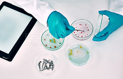 Buy stock photo Scientist, hands and sample with petri dish in lab for experiment, research or tablet with DNA analysis. Vaccine, digital notes and person for pharmaceutical testing, developing cure or innovation