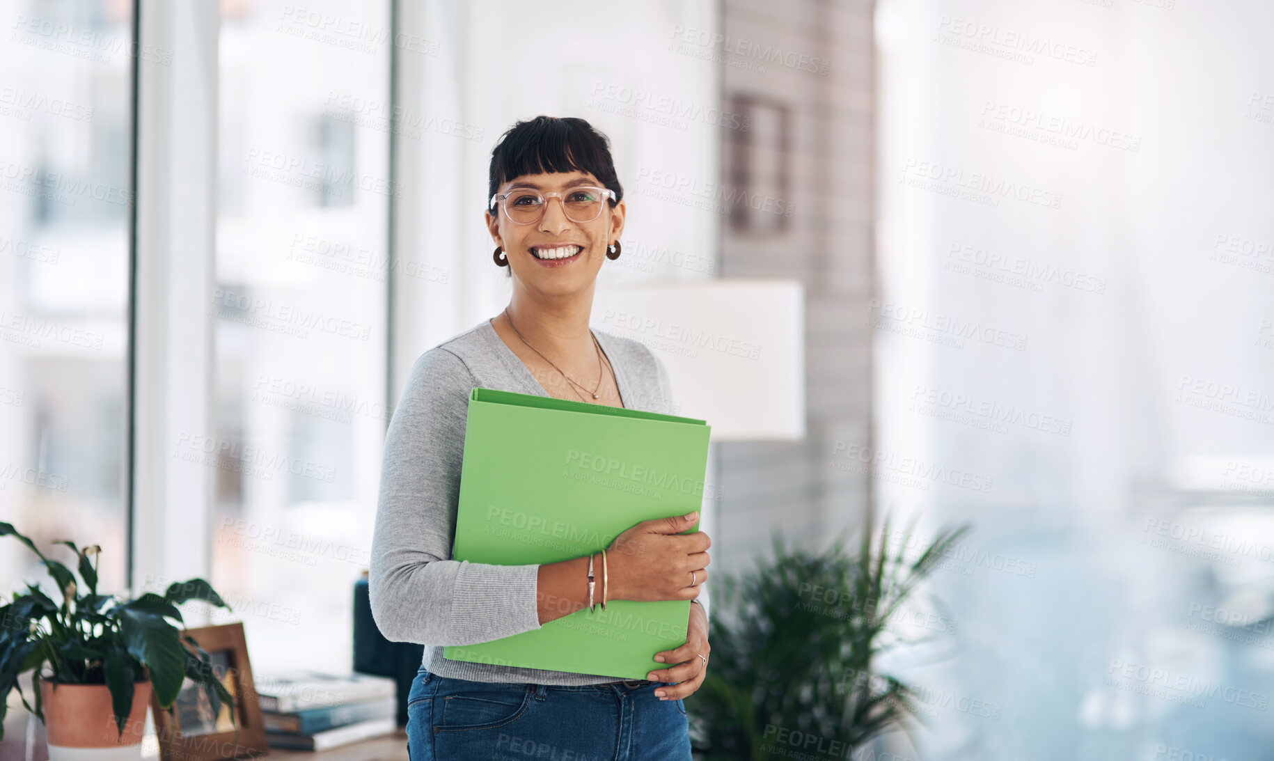 Buy stock photo Receptionist, business and portrait of woman with files for administration, human resources and paperwork. Creative, office and person with documents for secretary, career and folder organization