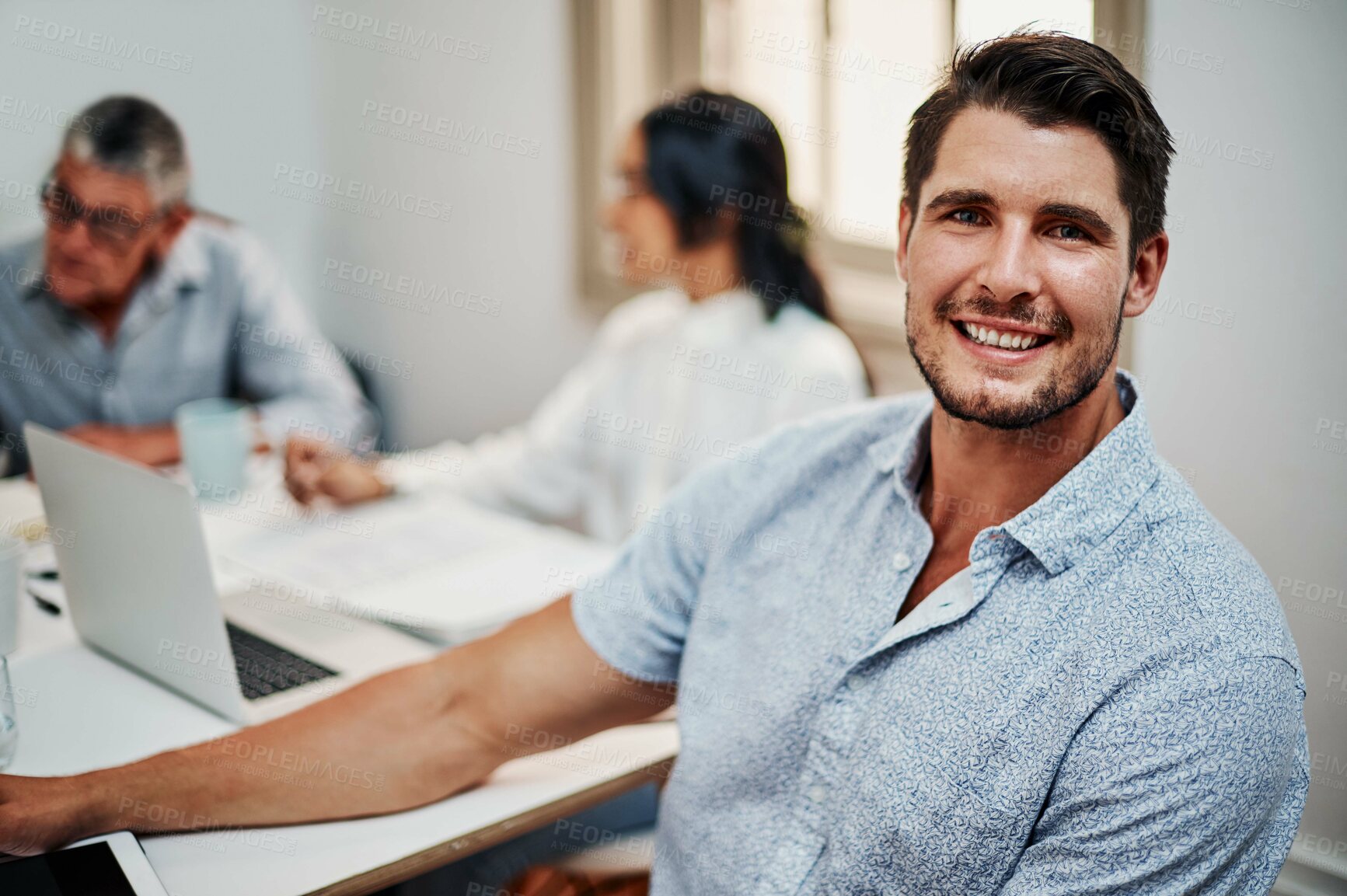 Buy stock photo Meeting, office and portrait of business man for teamwork, collaboration and company pride. Professional, corporate and person with workers for training programme, internship and work opportunity