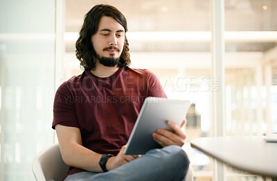 Buy stock photo Person, tablet and reading for web design research, ideas and vision for it programming algorithm. Coder, designer or software developer man on technology for communication, social media and iot app