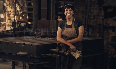 Buy stock photo Portrait, gloves and woman with smile, workshop and proud of gender equality in foundry and blacksmith. Hardworking, apron and manufacturing in factory, person and skills for welding and dark