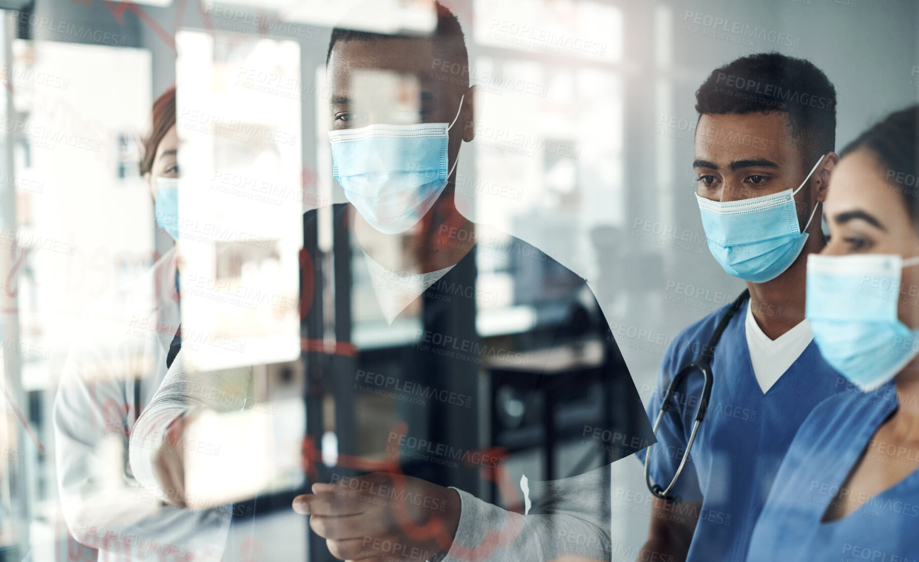 Buy stock photo Teamwork, doctors and writing on glass board for vaccine treatment plan, formula or brainstorming in hospital. Health, chemistry and diverse people with mask for medical solution, idea or research