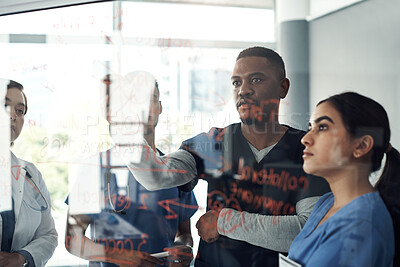 Buy stock photo Doctors, strategy and writing on glass board for vaccine treatment plan, teamwork or brainstorming in hospital. Healthcare, collaboration and people with diversity for medical solution or research