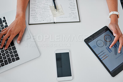 Buy stock photo Business, girl and multitasking in office with technology for online admin work as secretary or receptionist. Top view, employee and data on digital devices for company growth and project feedback.