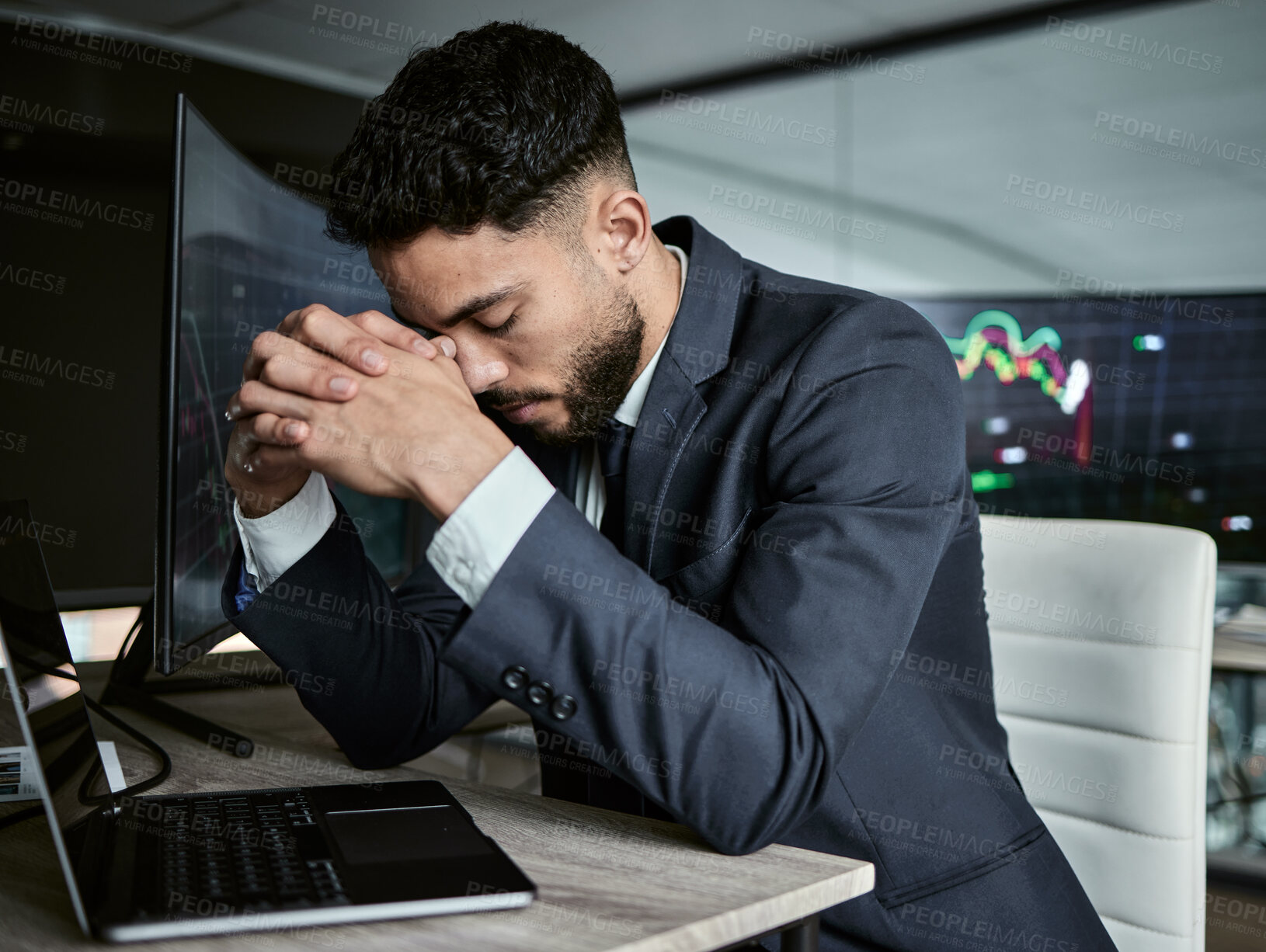 Buy stock photo Stress, computer and business man at desk for investment mistake, error or stock market problem in office. Night, anxiety and trader with headache for financial crisis, downturn or miscalculated risk