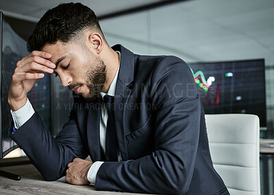 Buy stock photo Anxiety, computer and business man at desk for investment mistake, error or stock market problem in office. Night, stress and trader with headache for financial crisis, downturn or miscalculated risk