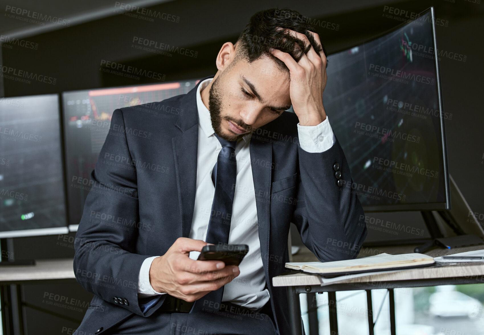 Buy stock photo Businessman, stress and bad news in office with worry, anxiety or unemployment for job loss. Stock broker, phone and mental health in market crash, recession or financial crisis and retrenched notice