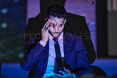 Buy stock photo Businessman, stress or frustrated in office for graphic, worry or unemployment for job loss. Stock broker, phone and mental health in market crash, recession or financial crisis and retrenched notice