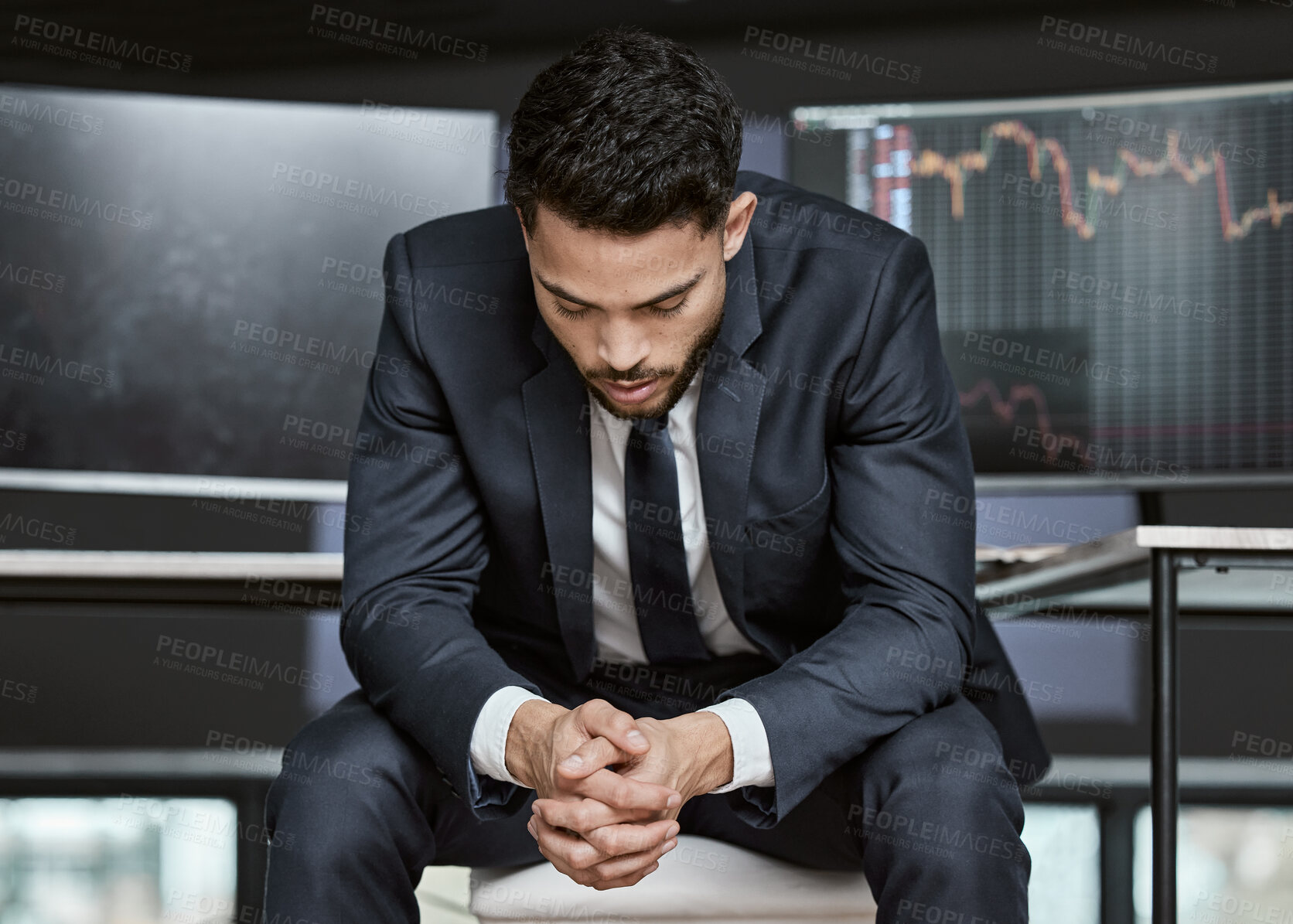 Buy stock photo Thinking, computer screen and business man in office for investment idea, solution or stock market growth. Hope, statistics and trader in thought for financial profit, decision or problem solving