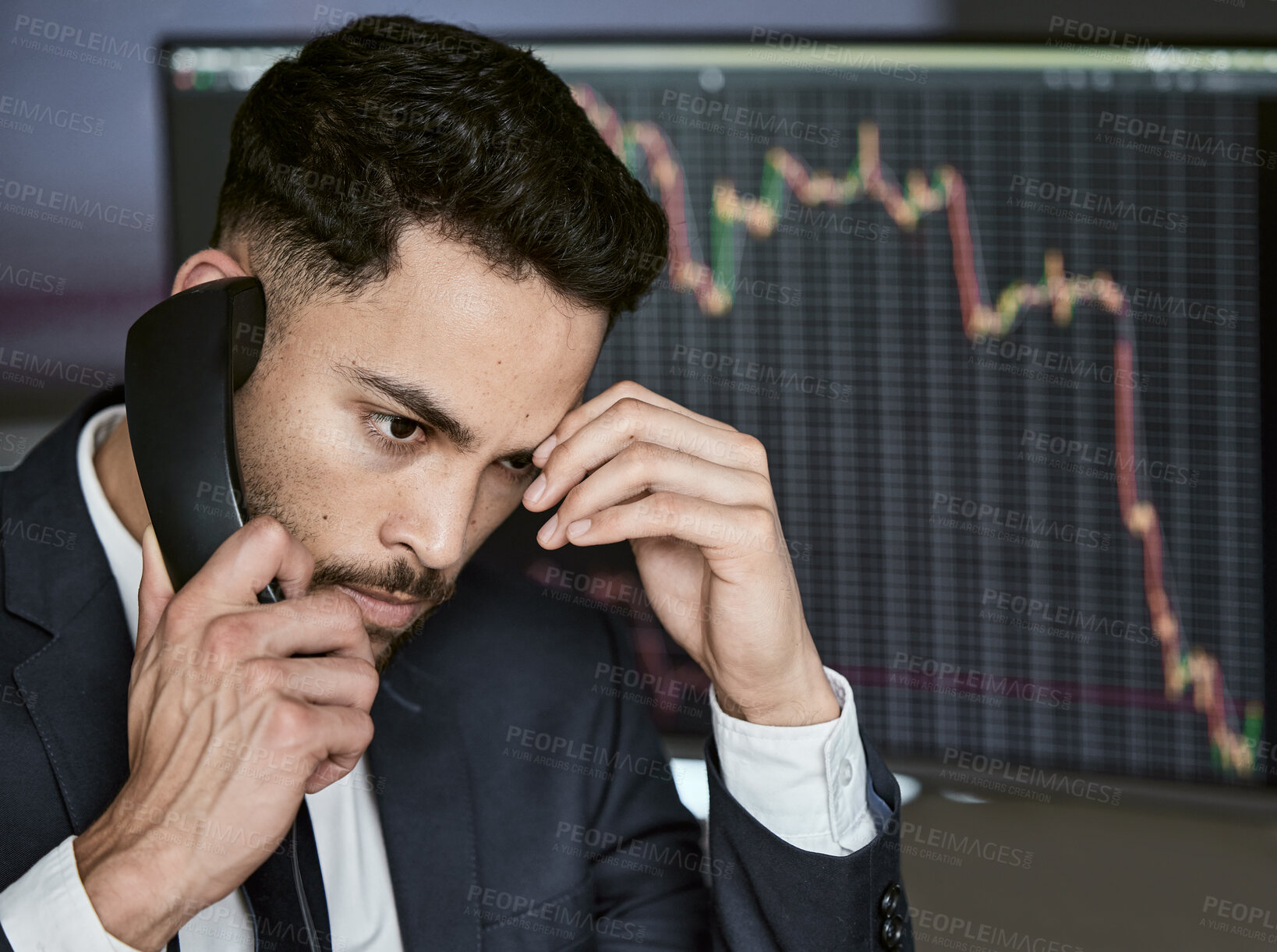 Buy stock photo Stress, computer screen and business man with phone call for investment mistake, error or stock market problem in office. Analytics, anxiety and trader for financial crisis, discussion or statistics