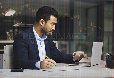 Buy stock photo Man, overlay and laptop for working on stock market,  economic indicators and trading journal for details. Office, trader and graph with price movement, trends and notebook to record pattern at night