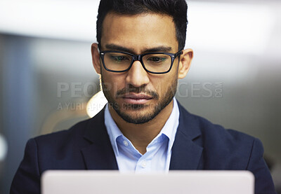 Buy stock photo Asian Businessman, thinking or laptop in office for finance job with stock market, research for crypto or blockchain. Male trader, computer for investment news or plan with glasses for nft website