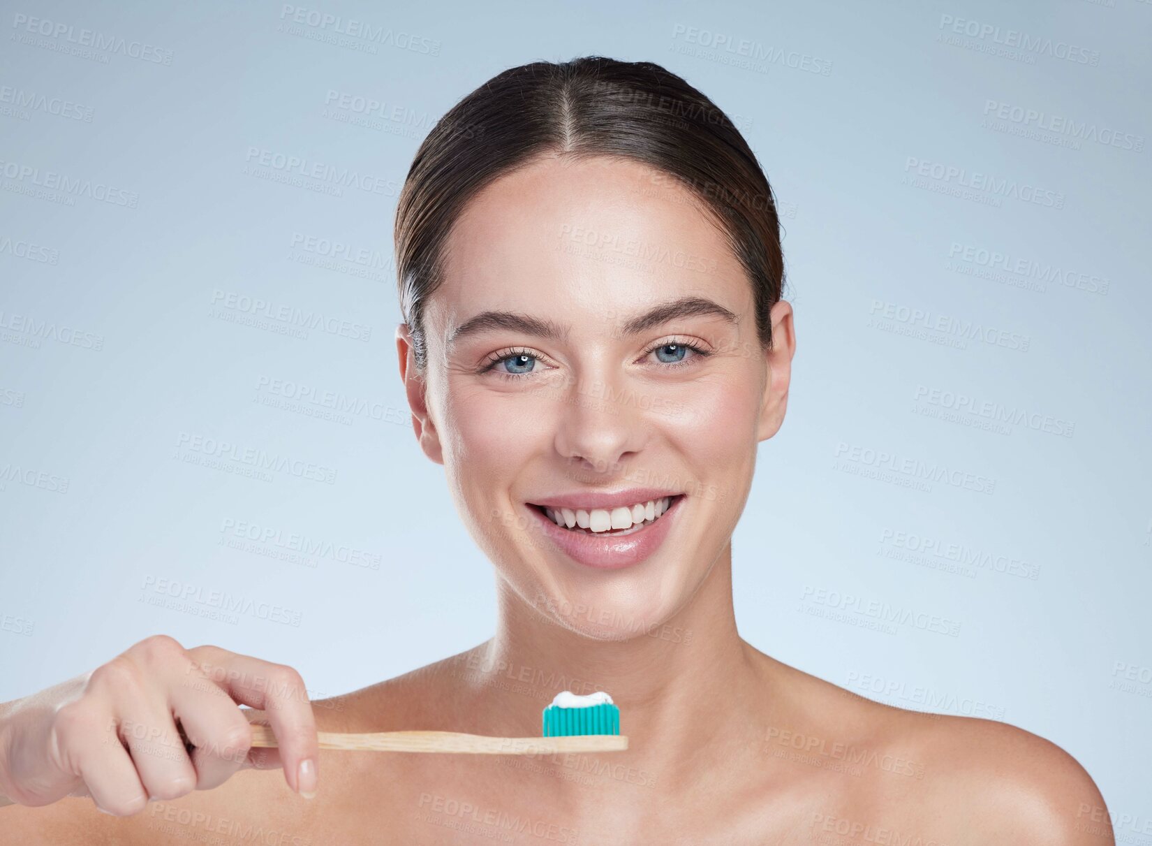 Buy stock photo Portrait, beauty and woman in studio with toothbrush, hygiene and dental care on white background. Toothpaste, product and smile for influencer and brand deal, medical and promotion for female person