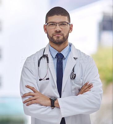 Buy stock photo Hospital, doctor and portrait of man with pride or confidence in healthcare or trust in clinic service. Professional, surgeon and person with arms crossed at office with expert opinion and advice