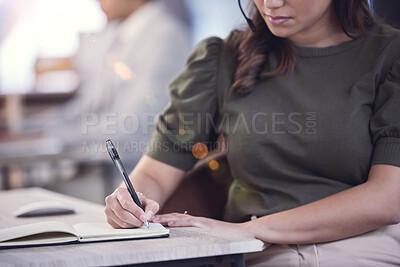 Buy stock photo Hands, call center and woman writing in notebook, planning and schedule in office. Telemarketing, book and business person taking notes for reminder, sales list and information for customer service.