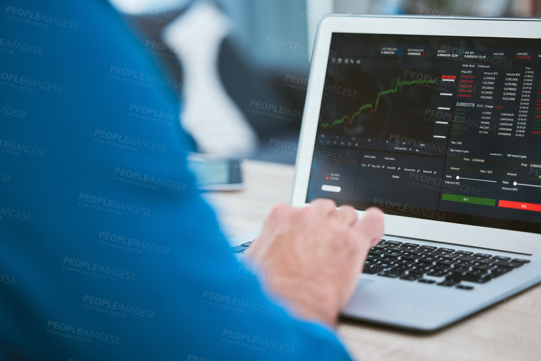 Buy stock photo Man, hands and laptop or trading on stock market, fintech and analyse growth graphs for investment. Investor,  blockchain and statistics or currency conversion, financial app and business screen
