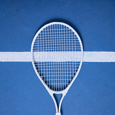 Buy stock photo Blue, tennis court and sport with racket for fitness, training and exercise for competition or tournament. Workout, game and talent or hobby with equipment for athletics, self care or wellness