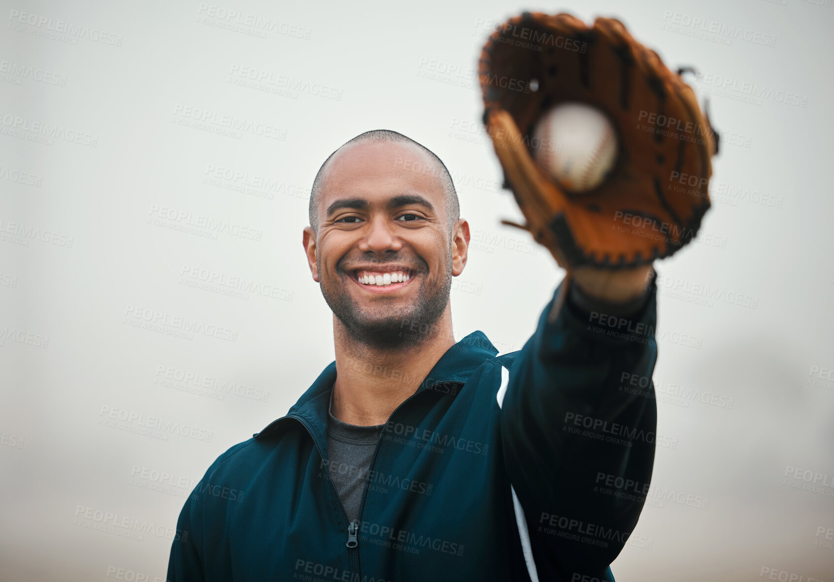 Buy stock photo Happy man, portrait and baseball with mitt for catch, game time or match in outdoor competition, field or pitch. Young male person, sports athlete or catcher with smile for point, score or defense