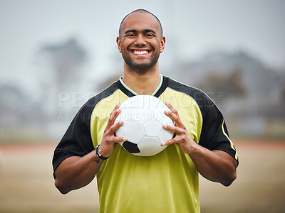 Buy stock photo Sport portrait, soccer player and man with ball on field for game training, practice or smile for workout. Football, athlete and happy person for match fitness, exercise or confidence for competition