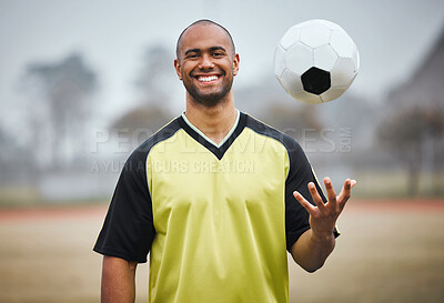 Buy stock photo Athlete portrait, soccer player and man with ball on field for game training, practice or smile for workout. Football, sport and happy person for match fitness, exercise or confidence for competition