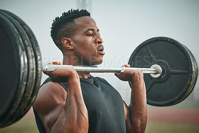 Buy stock photo Fitness, weights and black man with bodybuilding in nature for muscle strength, exercise and lifting. Serious, bodybuilder and training with barbell in park for workout, challenge and endurance