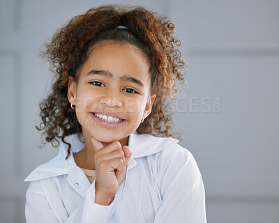 Buy stock photo Thinking, girl and portrait of child in bedroom for memory, wonder or remember with inspiration. Thoughtful, ideas and young kid with hand on chin for consideration, imagine or development in home