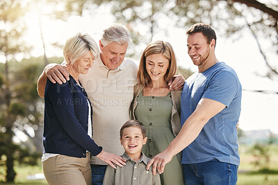 Buy stock photo Happy, nature and family generations bonding at outdoor park with connection on holiday. Smile, hugging and portrait of child with grandparents and parents in field on vacation in California. 