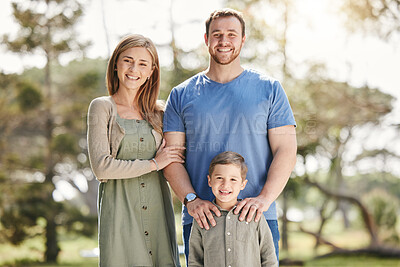 Buy stock photo Happy, nature and portrait of parents with child at National park for adventure on family holiday. Smile, hugging and boy with mother and father in outdoor field for bonding on vacation in California