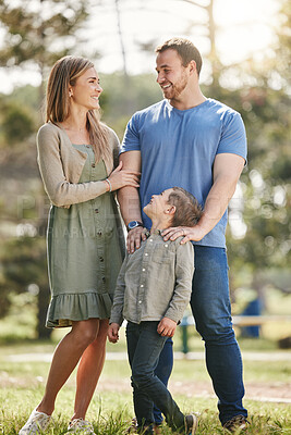 Buy stock photo Happy, nature and parents with boy child at National park for adventure on family holiday together. Smile, hugging and kid with mom and dad in outdoor field for bonding on vacation in California.