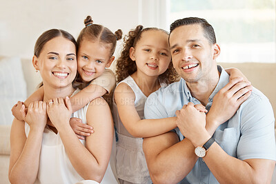 Buy stock photo People, family and happy on portrait in home for fun, bonding and support for memories. Parents, mom and dad with kids or girls at living room with smile to relax for care, love and trust together