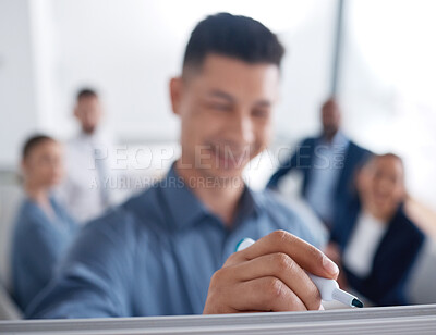 Buy stock photo Hand, presentation and business man writing on board for training, coaching or teaching closeup. Leader, sales manager and drawing for ideas, brainstorming and planning at workshop in conference room