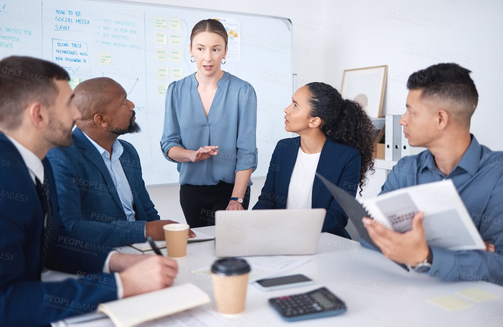 Buy stock photo Diversity, team leader and business people in training, planning and coaching with laptop. Group, meeting and engagement manager in office for brainstorming ideas for social media growth or strategy