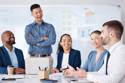 Buy stock photo Business, people and happy in office for teamwork, collaboration and discussion for project as accountant. Employees, boardroom and conversation with feedback on financial report and update meeting