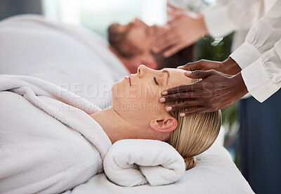 Buy stock photo Hotel, couple and spa for head massage, relax on holiday and wellness with hospitality service, peace and calm. People, man and woman with vacation, stress relief and time together with weekend break