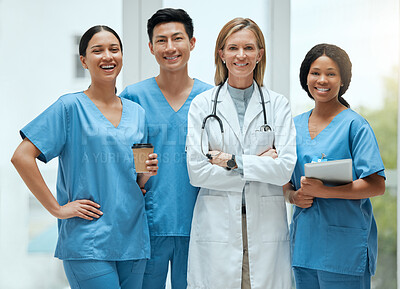 Buy stock photo Portrait, leadership and a doctor woman arms crossed, standing with her team in a hospital for healthcare. Insurance, medical and teamwork with a female health professional in a clinic for treatment