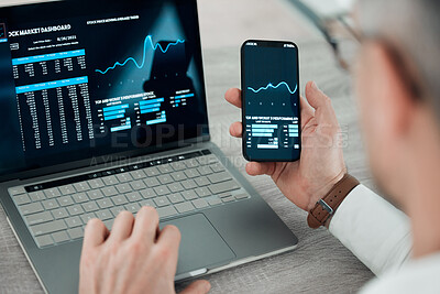 Buy stock photo Laptop, smartphone and screen for stock market, businessman and finance or shares, broker and tech. Investment, trading and internet for update, check and mobile app for cryptocurrency growth