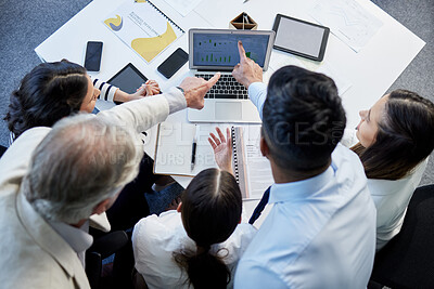 Buy stock photo Partnership, data and hands of teamwork on research, strategy and digital sales analytics. Technology, marketing meeting and planning business people collaboration pointing at chart paper top view